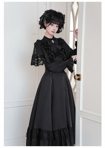 Neckline Lace-up Ruffle with Lolita Dress Shawl Detachable Waist Black Elegant