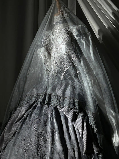 Lolita Lace Floral Embroidered Trim Black/Gray/Brown Veil with