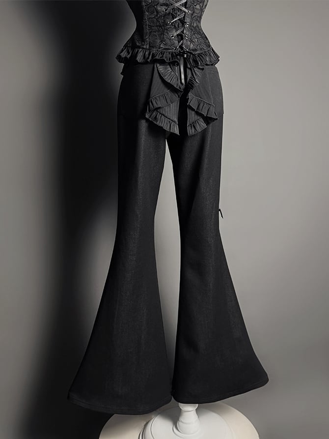 Tiered Patches Pants Lace Flared Cuffs Black
