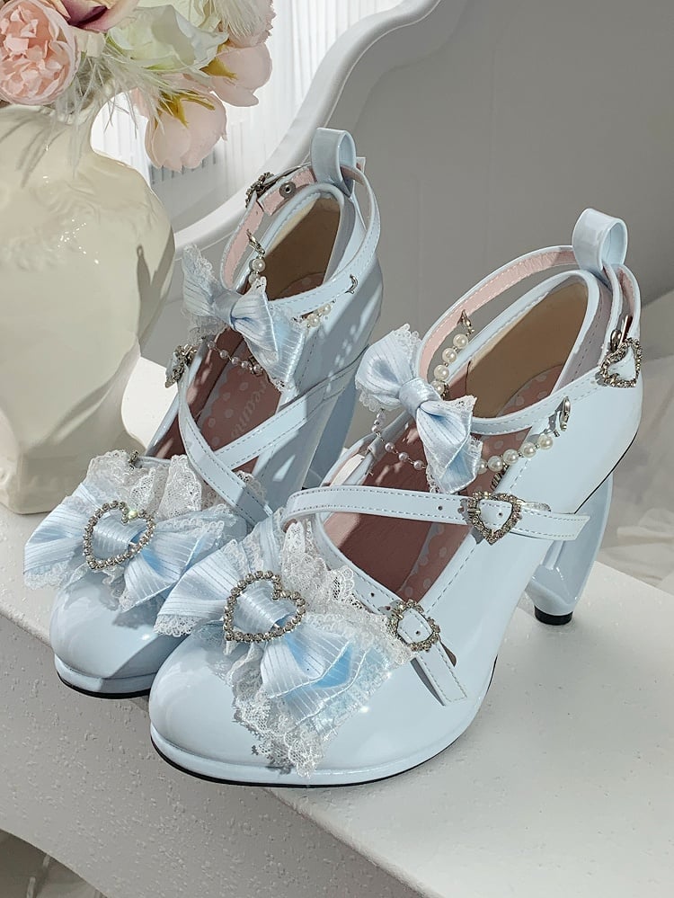 Lolita Hime High-heel Blue Lace Bow Trimmed Shoes -