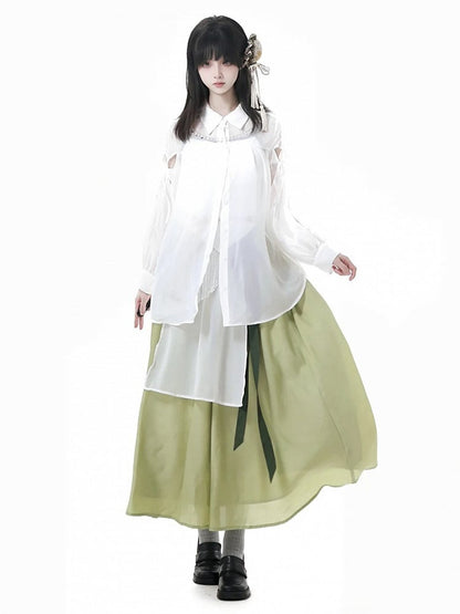 White Sheer Chiffon Style Shirt Long Sleeves Version Butterfly-shaped Cutout Cheongsam