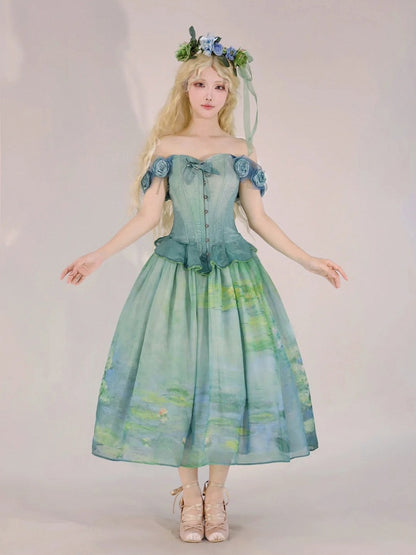 Flounce Green Hem Boned Corset Top with Detachable Floral Adornments