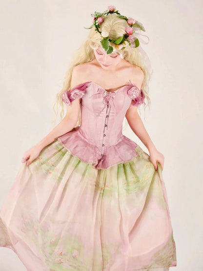 Boned Corset Top with Detachable Floral Adornments Hem Flounce Pink