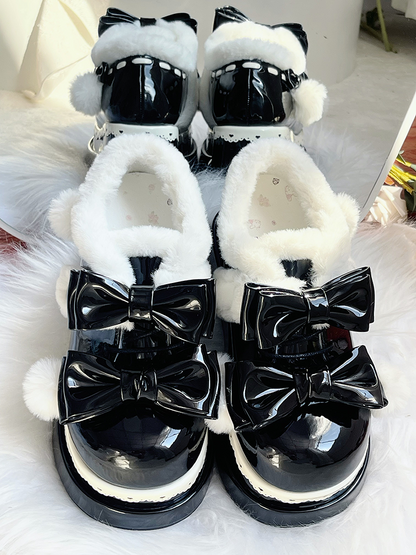 Lolita Black Cute Heart Bowknot Platform Shoes With Pompons