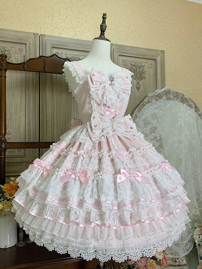 Pink Layered Skirt Hanayome Dress Sweet Hime Lolita Jumper Skirt with Removable Bows