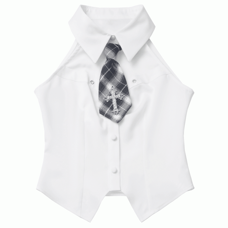 Decorated Hem Cross White/Beige Sleeveless with Curved Shirt Preppy Style Tie Plaid