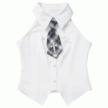 Decorated Hem Cross White/Beige Sleeveless with Curved Shirt Preppy Style Tie Plaid