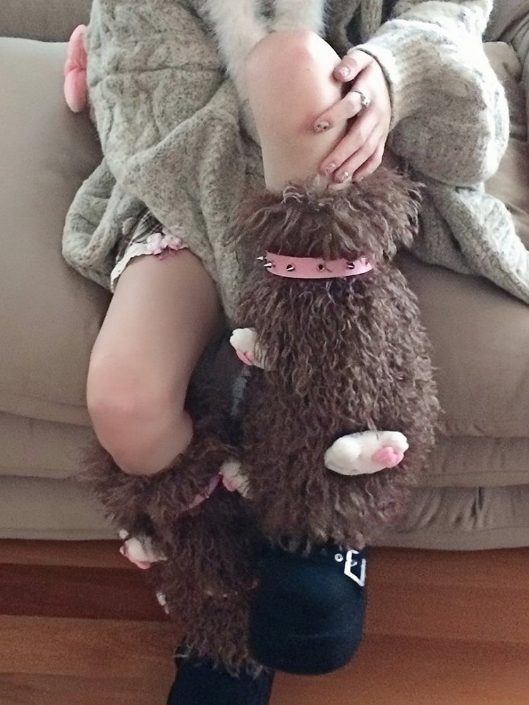 White/Pink/Coffee Stud Shaggy Leg Warmers With Kitty Plushie