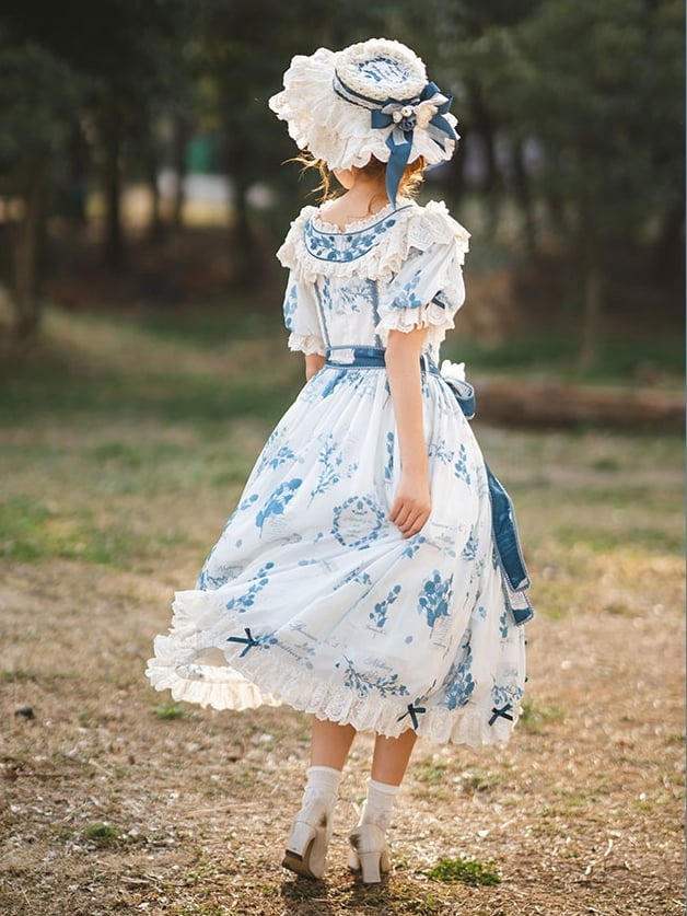 Poetry‌ Print Blue and Sizes Classic Sash Dress Plus with Available Self-tie Elegant Mulberry Lolita
