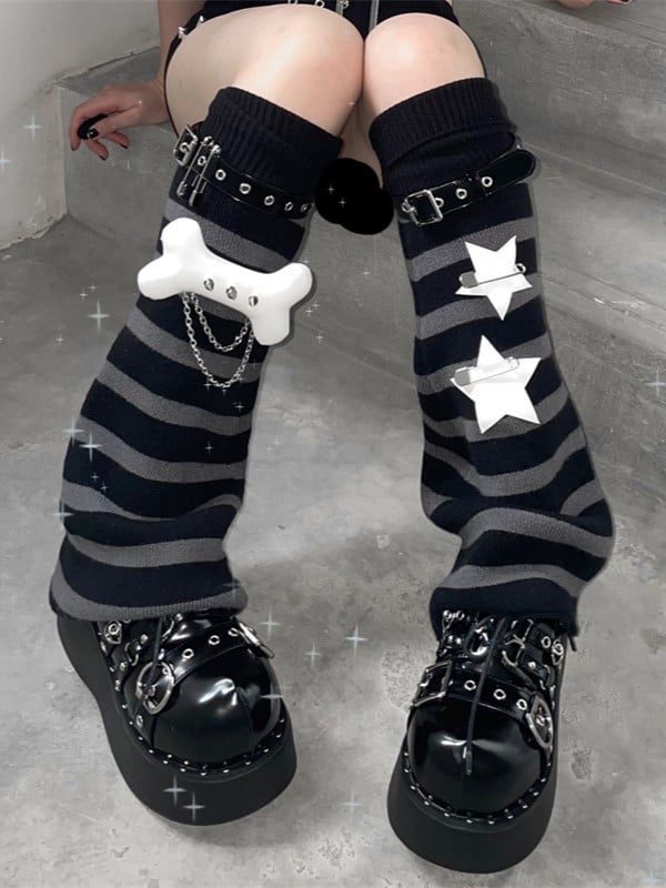 Punk Leg Striped Warmers Grey Black Knit
