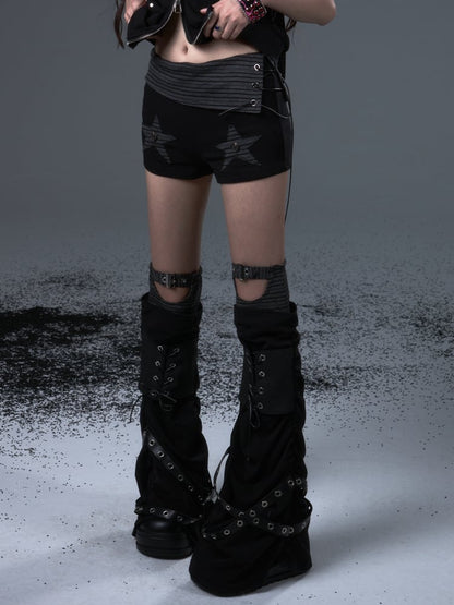 Lace-Up Black Leg Belts Warmers Punk with Studded Metal Knit