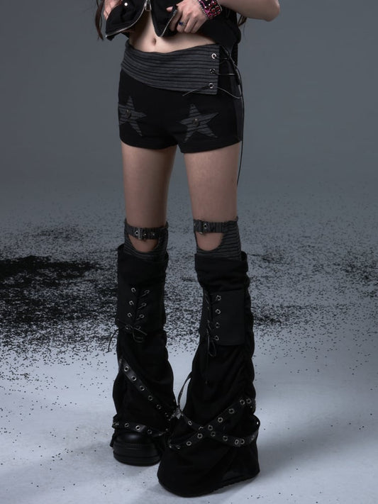 Lace-Up Black Leg Belts Warmers Punk with Studded Metal Knit