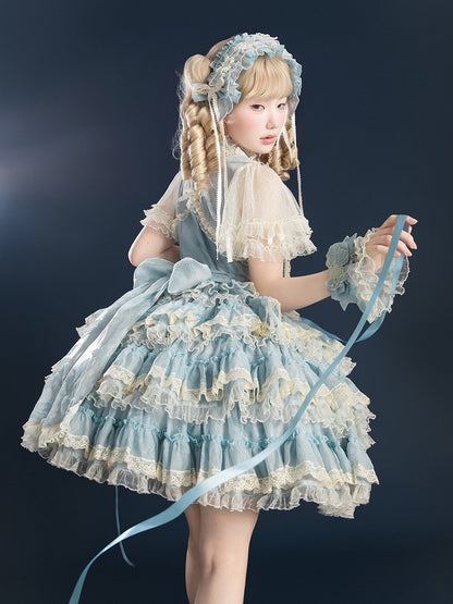 Lace with Lolita Details Embroidery and Tiered Goldfish Dress Sweet Ruffles Blue