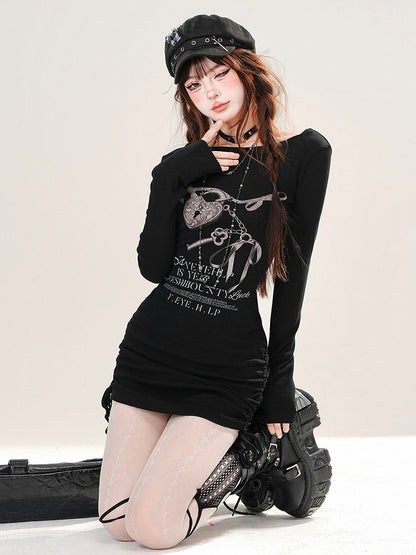 Drawstring Print Lock Dress Skirt Black Mini Heart