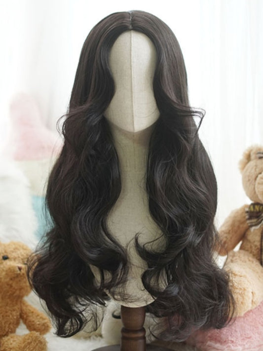 Black Waist Length Wavy Wig With Curtain Bangs