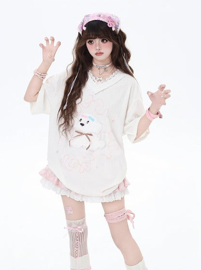 V-Neck Plush Puppy Applique Trim Loose T-Shirt Beige/Light Blue Lace