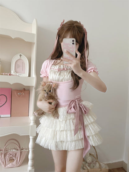 Beige Tulle Balletcore Self-tie Tiered Skirt Bow with