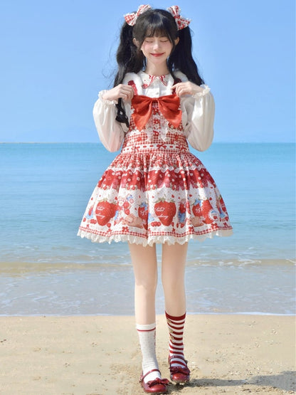 Light Pink Strawberry Print Lace Trim Lolita Bowknot Hairclips