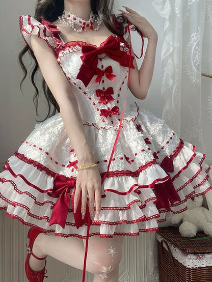 Ruffles Accents Skirt White Bow Jumper Tiered Princess Red Lolita