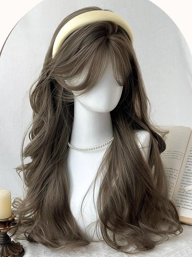 Brown Long Wavy Synthetic Wig With Curtain Bangs