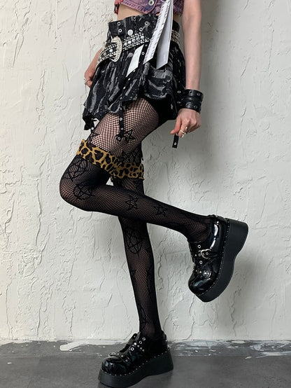 Schwarze Stulpen Overknee-Muster Y2K Strümpfe Halbtransparent Leopard