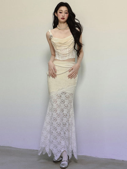 Apricot High Waist Lace Patchwork Mermaid Skirt