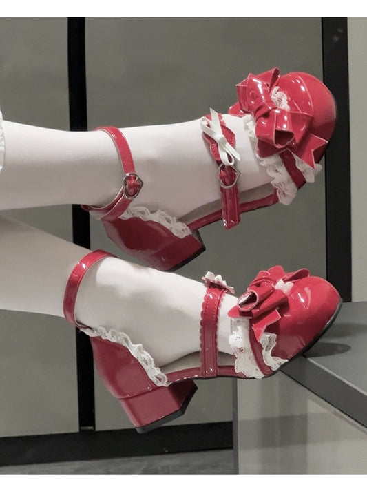 Toe Wine Sandals Sweet Round - Heart Red Buckles