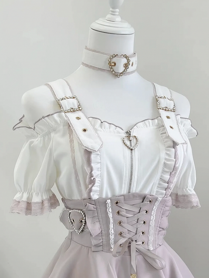White Pink Short Jirai Kei Off-the-Shoulder Neckline Landmine and with Sleeves Choker Top Free Style