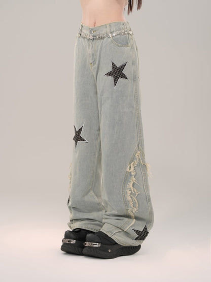 Light Blue Stars High Street Wide-leg Cut Jeans