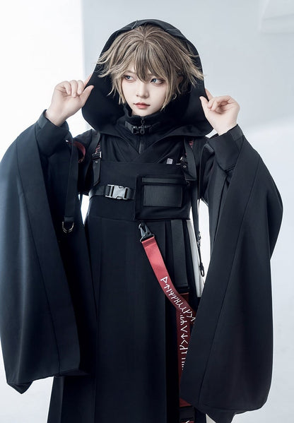 Buckle Hooded Lolita Techwear Ouji Strappy Jacket Black