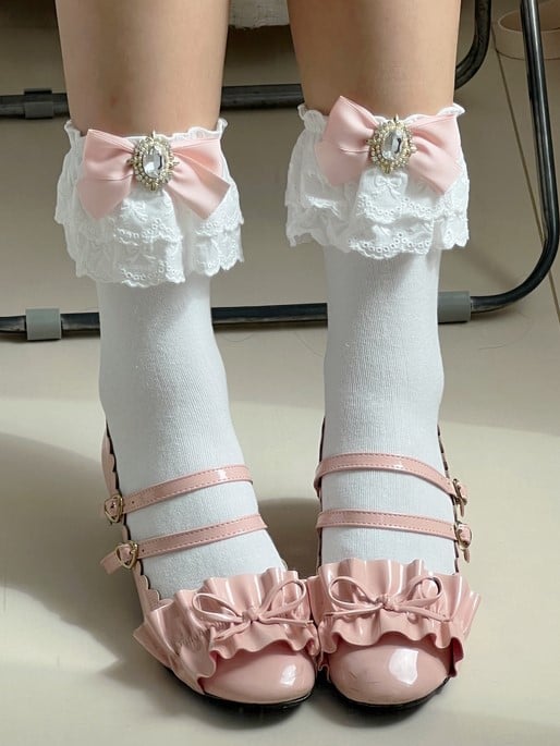 White Calf Ruffled Jirai Cuff Kei Bowknot Pink/Blue/Purple/White/Black/Beige Socks With Details