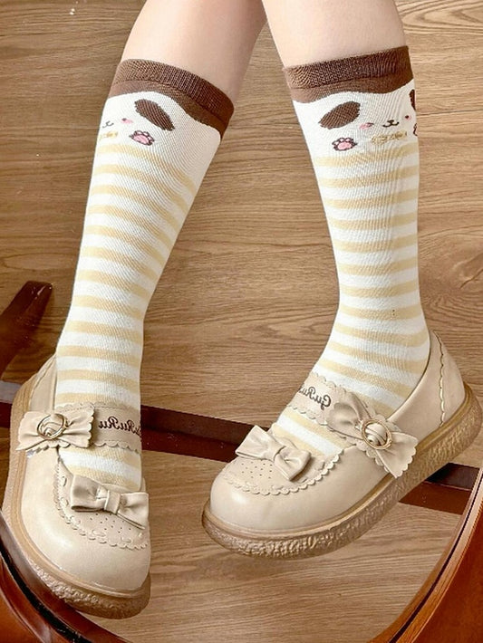 Lolita Coffee Print Pattern Striped Puppy Socks Calf