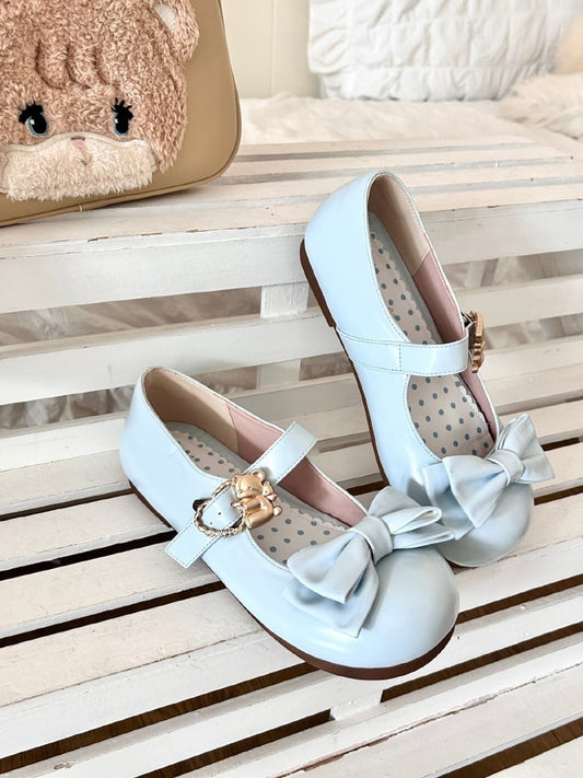 Heart Top Bow Buckles Sky at Hugging Bear Lolita Sweet Flats with Blue