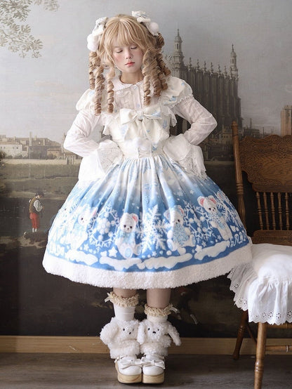 Teddy and Snowflake Blue Winter Fleece Hemline Sweet Lolita Dress