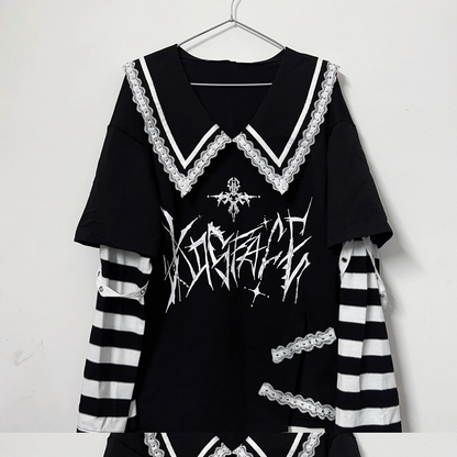 with in Sleeves Purple Pointed Black Top Graphic Contrast Striped White / Sailor Collar