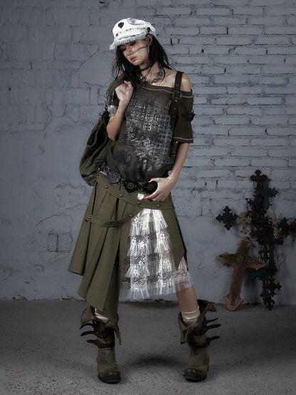 Green Military Steampunk Newspaper Straps Buckle Print Knit with T-shirt