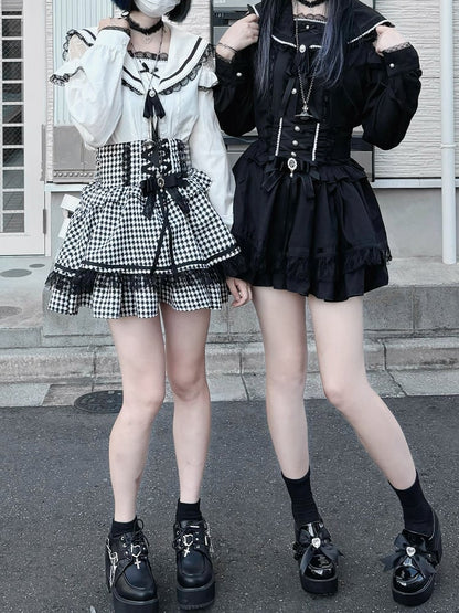 Pendant Trim Blouse Lace with Jirai Kei Black/White Sailor Collar Cutout Choker Shoulder Heart