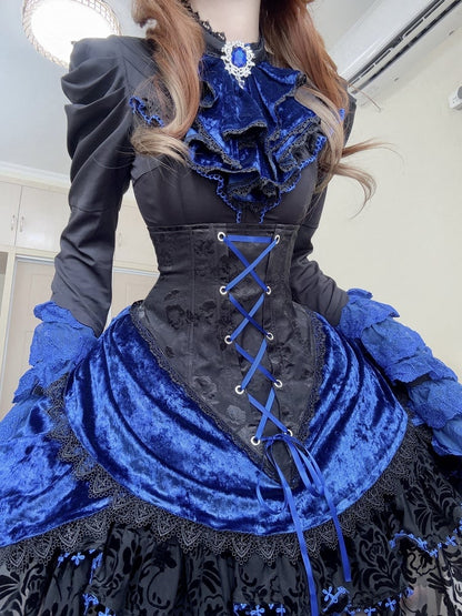 Boned Lolita Waist Tie Shirt Skirt Set Hat Black Gothic Jabot Long Sleeves High + - and Mini Blue Bell Klein Full