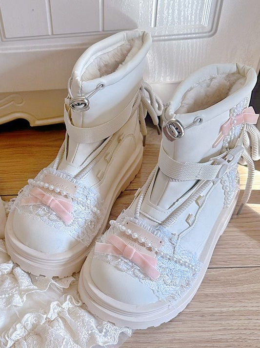 Beige Bow at Top Lace Beaded Chain Ankle Boots