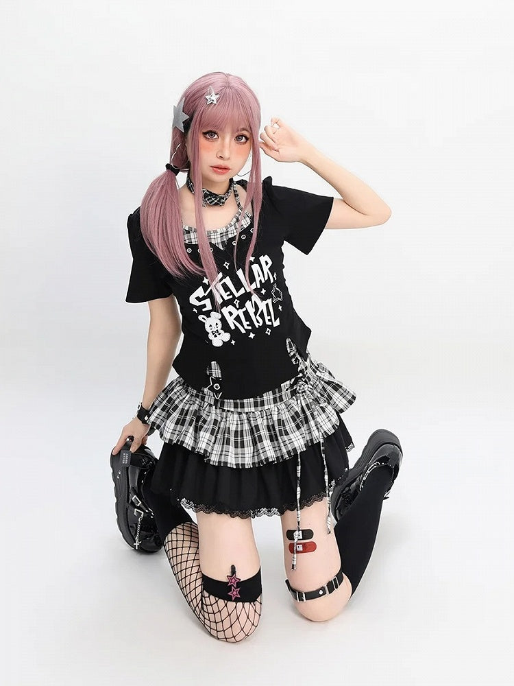 Y2K Black Pink/Black  White Plaid Star with Detail Tiered Skirt Lace-up Buckle