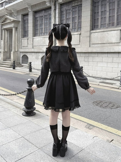 Hahnentrittmuster und lang mit Taille Faux Jirai Kleid Schwarz Kei Zweiteilige Schnallen Quadratisches Design Ärmel