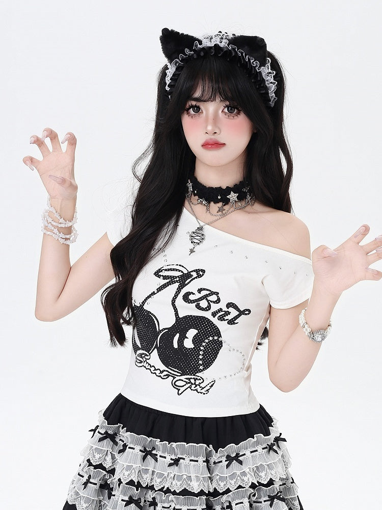 Heart Black/White T-Shirt Asymmetrical Neckline Cherry Print Studded