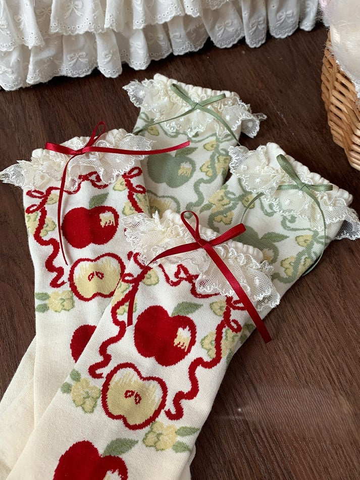 Lolita Calf Trim Sweet Socks Print Lace Apple Green/Red