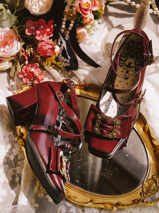 Crisscross Mid-Heel Square Schuhe Fashion Wine Design - Rot 1990er Jahre Zehe Vintage