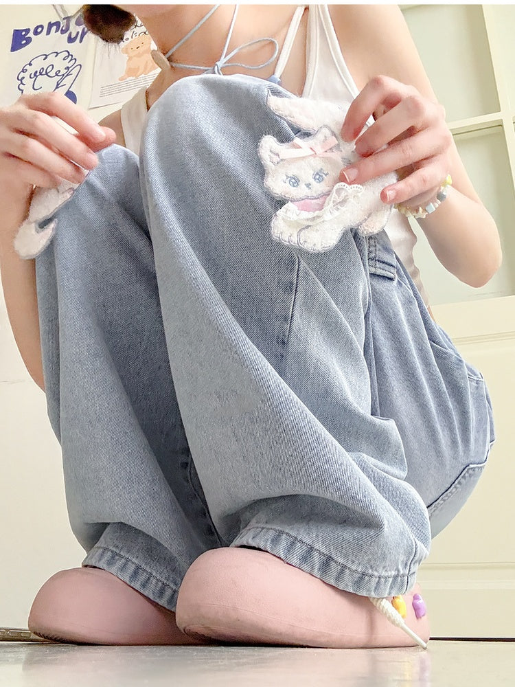 with Detachable Kitty Appliques Blue Wide-Leg Jeans Short/Long Version