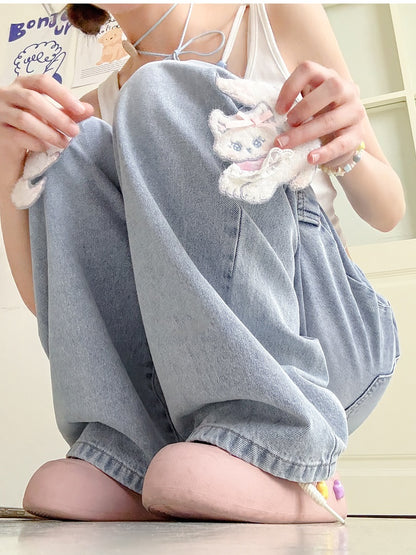 with Detachable Kitty Appliques Blue Wide-Leg Jeans Short/Long Version
