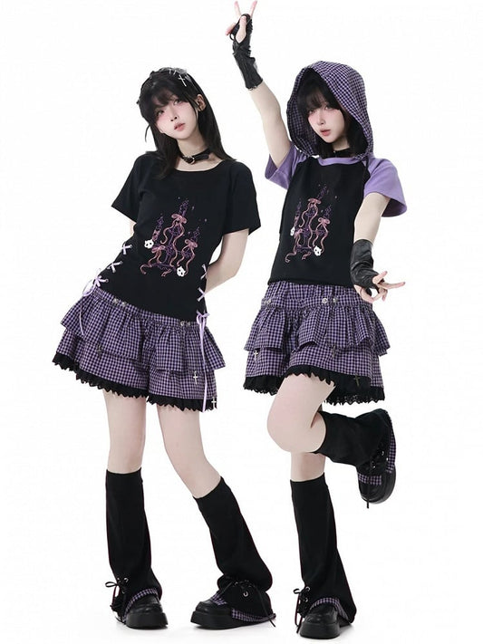 Y2K Purple Elastic Waist Lace Trim Plaid Skort