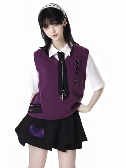 Spring Knitted Vest Zipper Details Style Purple V-neck Preppy