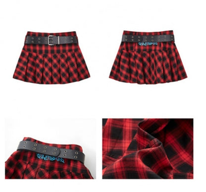 Punk Rock Red and Black Plaid Pleated Skirt