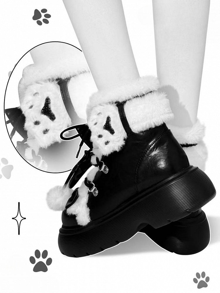 Punk Black Lolita Bowknot Plush Trim Platform Ankle Boots With Pompons